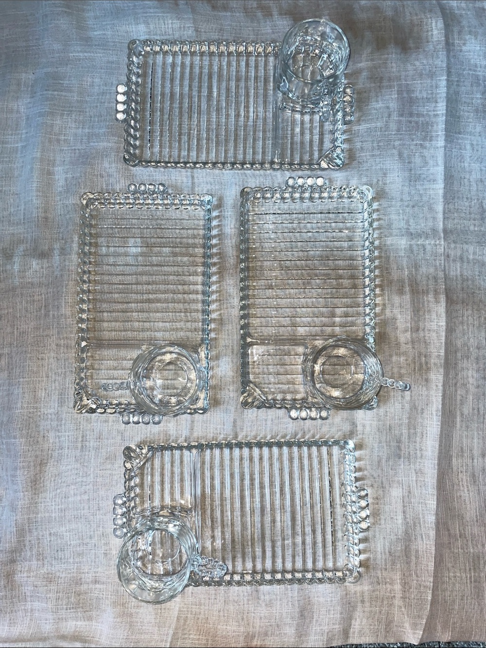 Vintage 1940’s Hazel Atlas Clear Glass Snack Tray with Handle & Cup.  SET OF 4